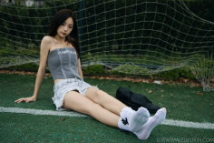 Foot Joy Photography Issue 8: Model Pudding (Pairing: tube top, denim shorts, long leather boots, white cotton socks, bare feet)